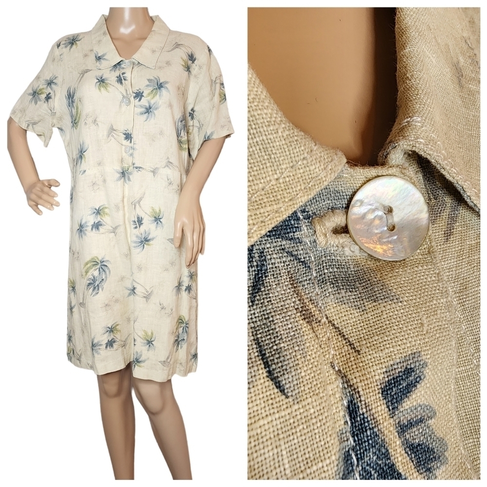 MATCH 100% Linen Collared Button Shirt Dress Women's‎ Size 14P Vintage Tropical